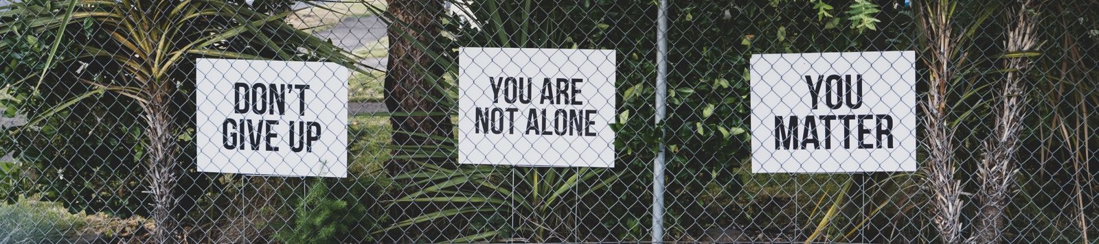 Signs reading Don't give up, You are not alone, You matter